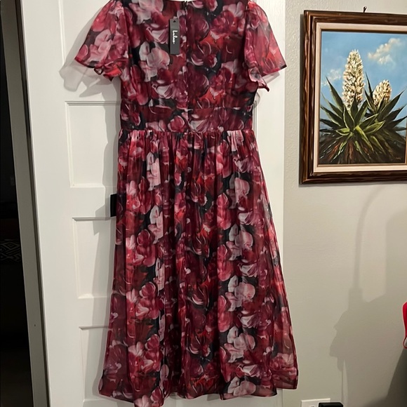 Lulu’s Favorite RSVP Magenta Floral Organza Tie-Front Midi Dress - Picture 5 of 5